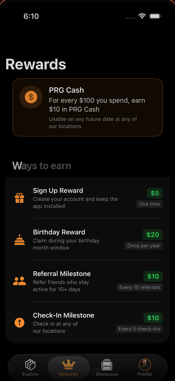 The PRG Members Rewards screen in the mobile app